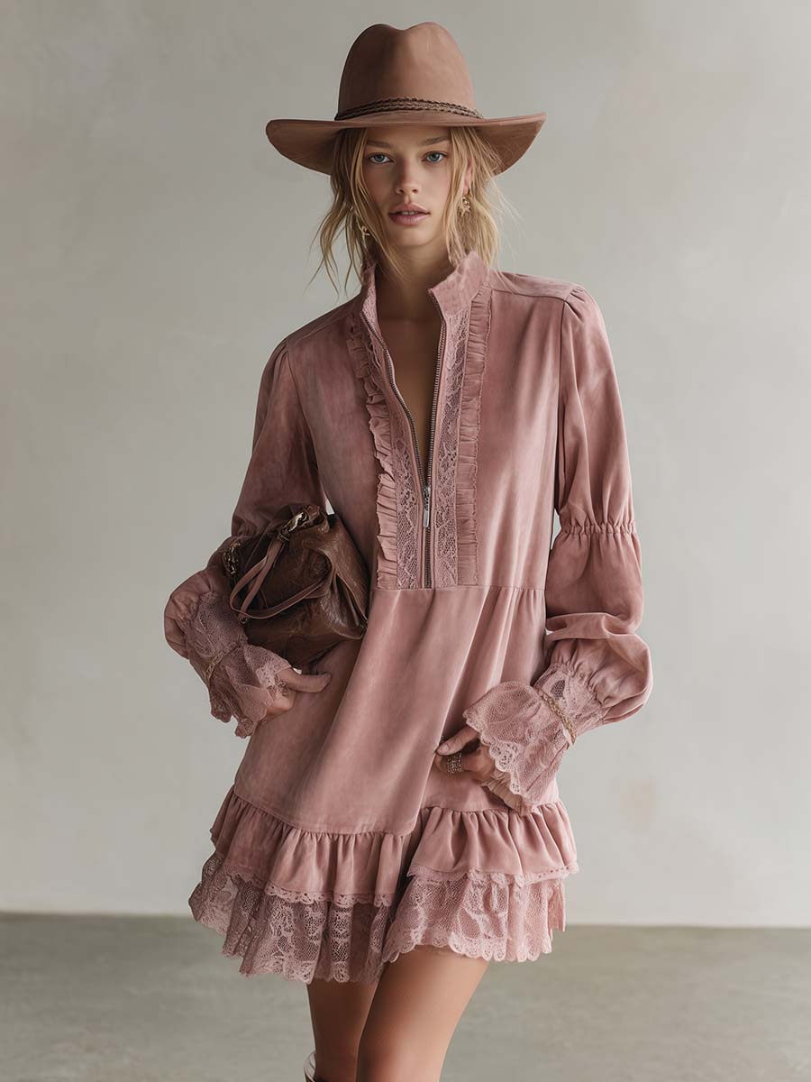 Elegant Vintage Western Lapel Front-zip Lace Trim And Ruffled Hem Pink Suede Mini Dress