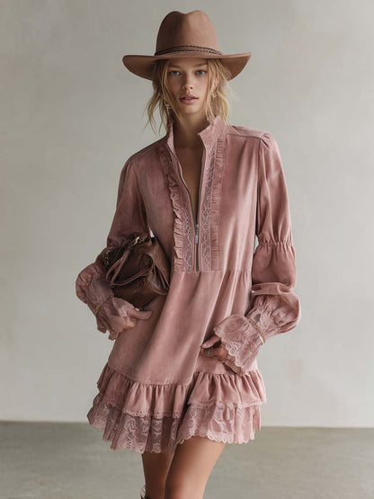 Elegant Vintage Western Lapel Front-zip Lace Trim And Ruffled Hem Pink Suede Mini Dress