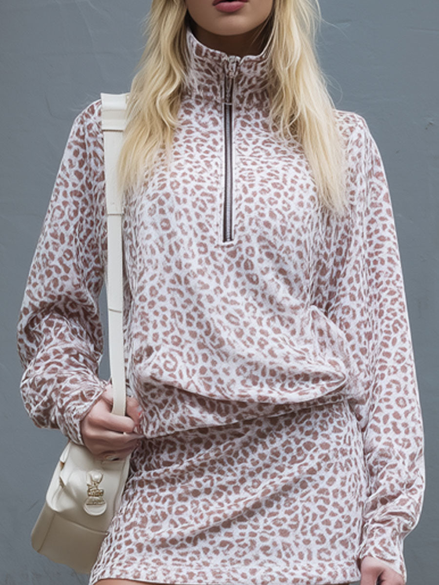 Loose-fitting Leopard Print Stand-collar Zip-up Top And Velvet Skirt Set