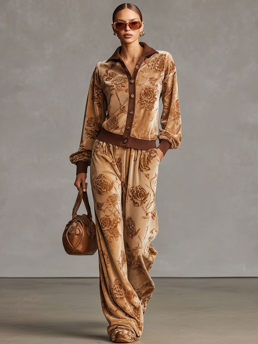 Sporty Retro Camel Rose Velvet Cardigan Sweatshirt Wide-Leg Pants Set