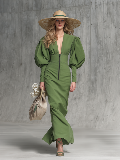 Elegant And Stylish Puff-sleeved V-neck Zip-up Green Maxi Dress