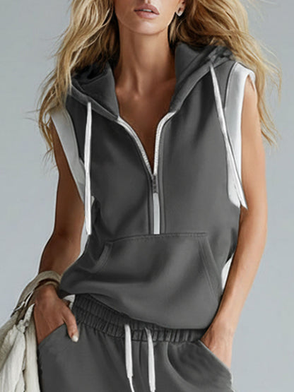 Casual Sporty Hooded Sleeveless Zip-up Top And Pants Set