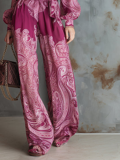 Elegant And Modern Hot Pink Printed Chiffon Long-sleeved Wide-leg Jumpsuit