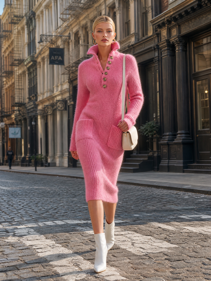 Comfortable Stylish Lapel Collared Button-front Pink Knit Midi Dress