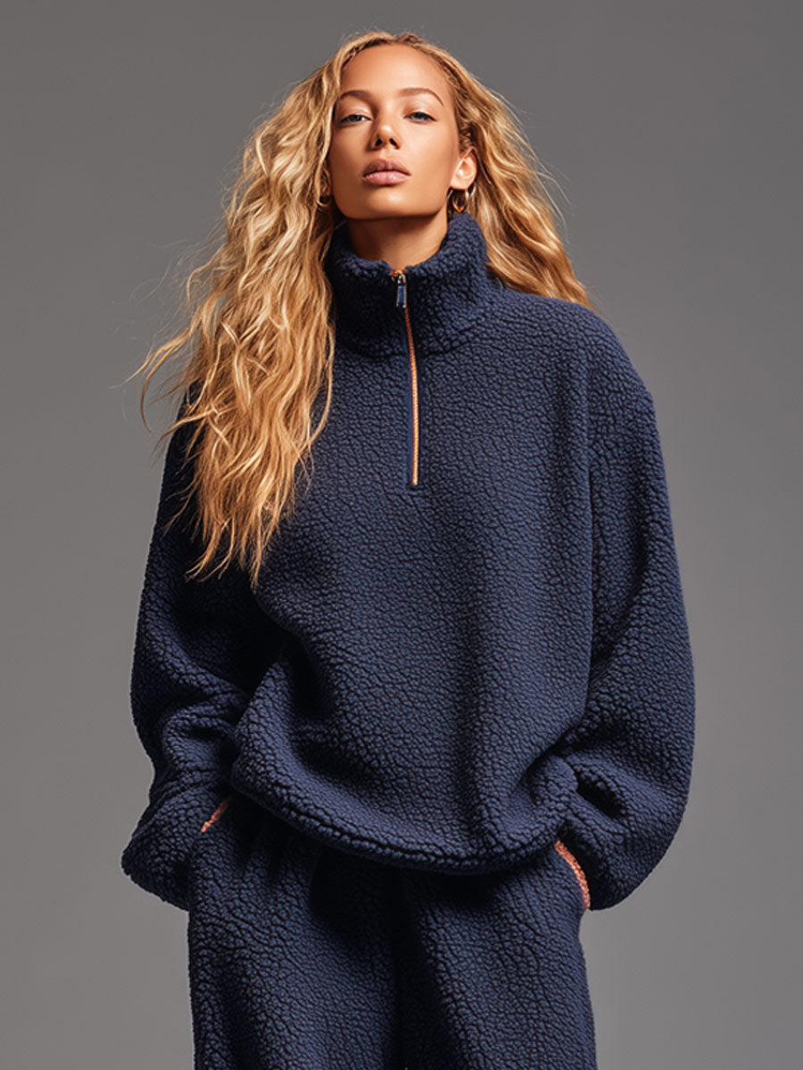 Casual Navy Blue Polar Fleece Half-zip Sweatshirt Pants Sports Set