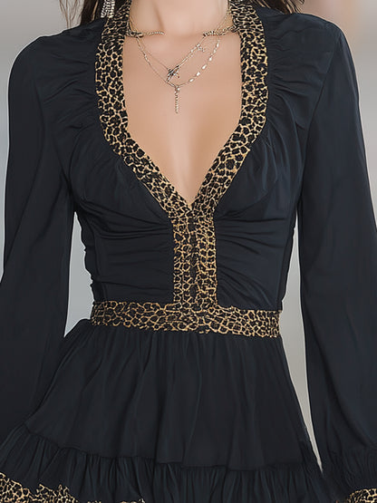 Elegant Black V-neck  With Leopard Print Paneling Mini Dress