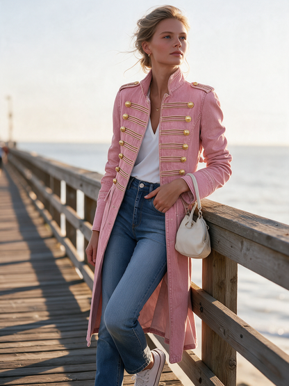 Vintage Washed Denim Military Officer Longline Gold-Button Fitted Statement Coat Women