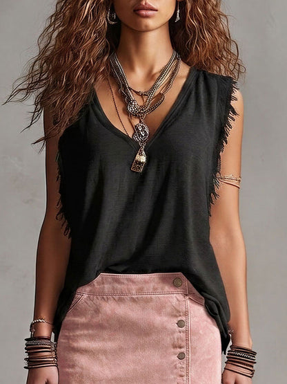 Western Retro Creamy White Cotton V-Neck Sleeveless Frayed Edge Top