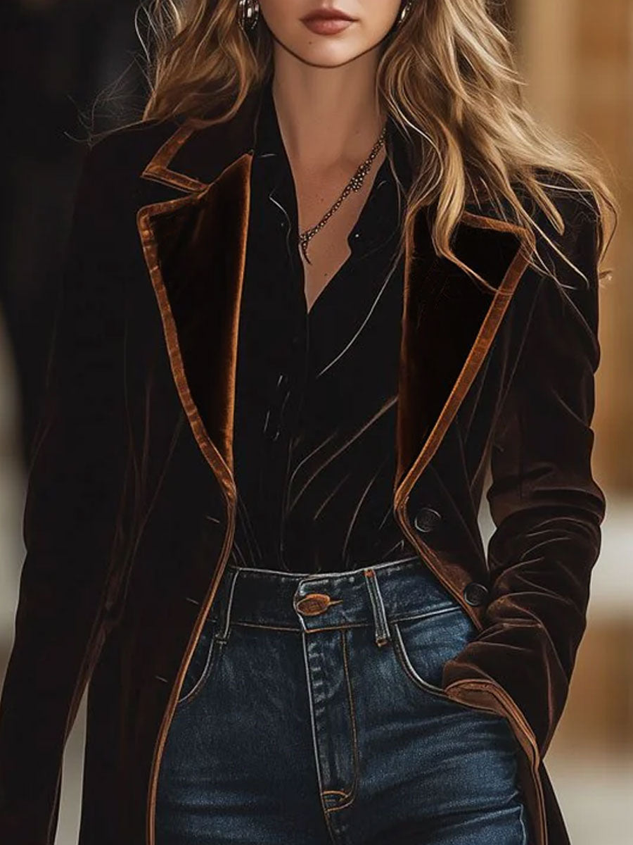 Casual Loose Vintage Velvet Colorblock Lapel Pocket Coat
