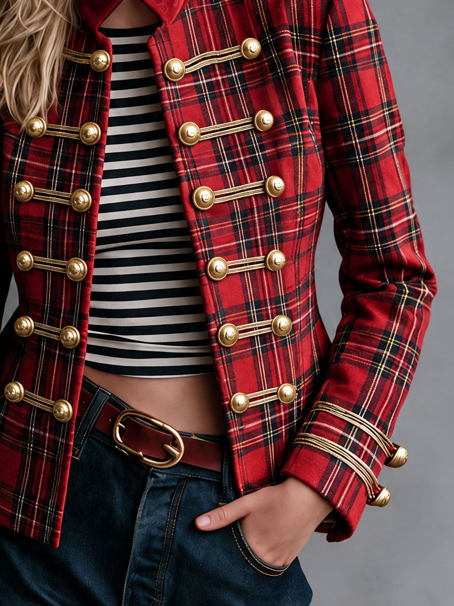 Retro Red Plaid Frog Button Velvet Collar Jacket