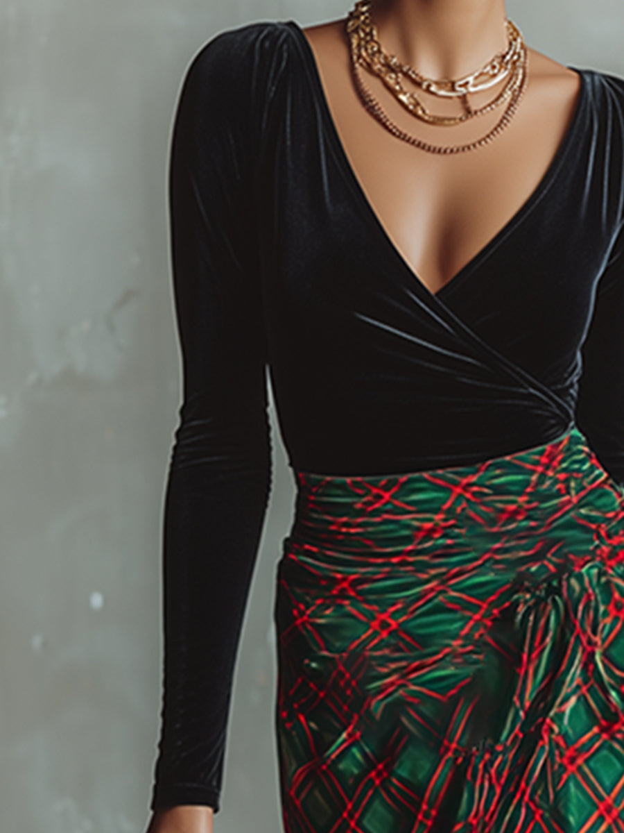 Retro Elegant Plaid Print Black Velvet Maxi Dress