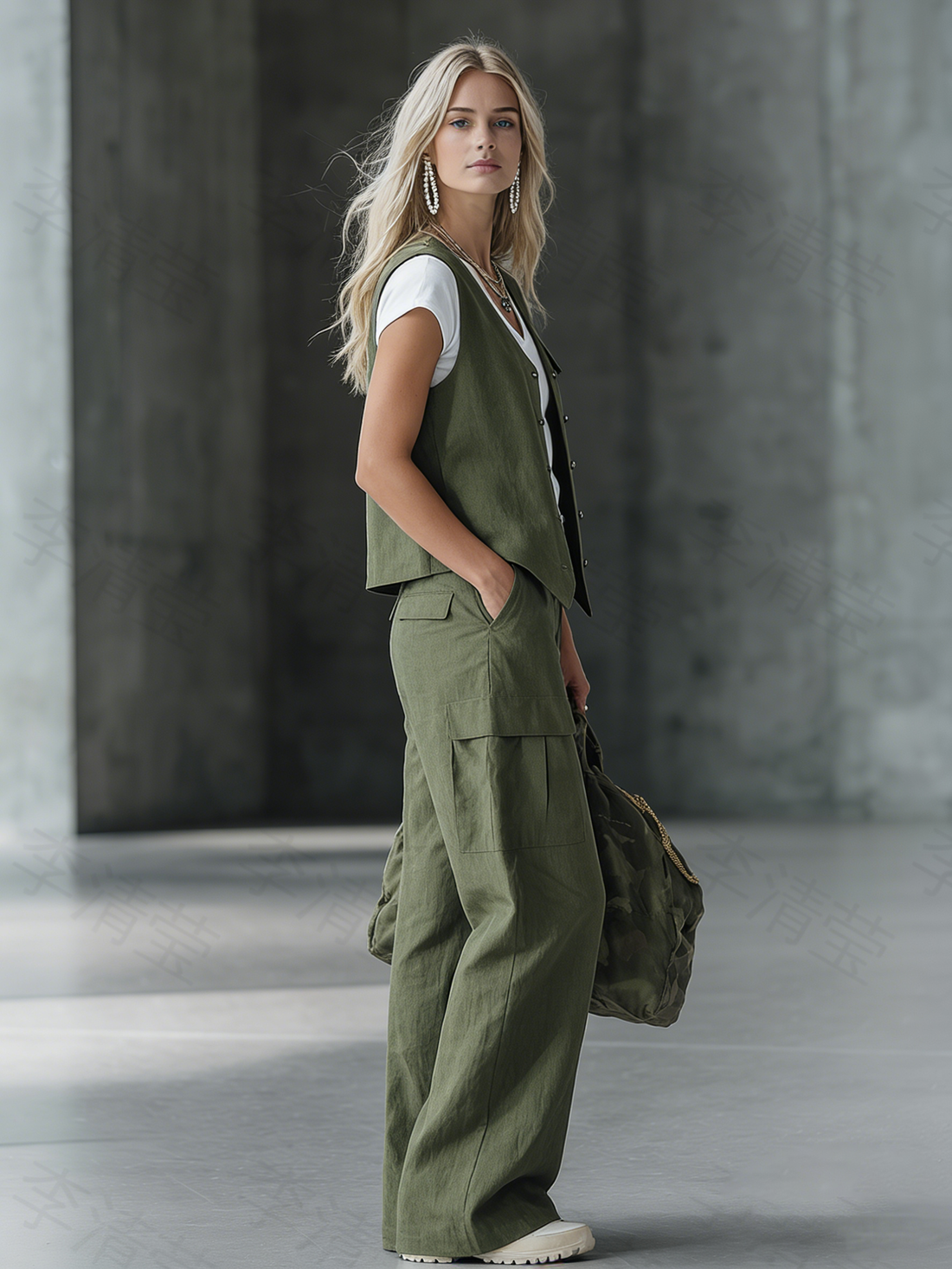 Stylish Retro Button-down Vest And Loose-fitting Trousers Set