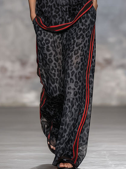 Leopard Print Chiffon Short-sleeved Top And Trousers Set