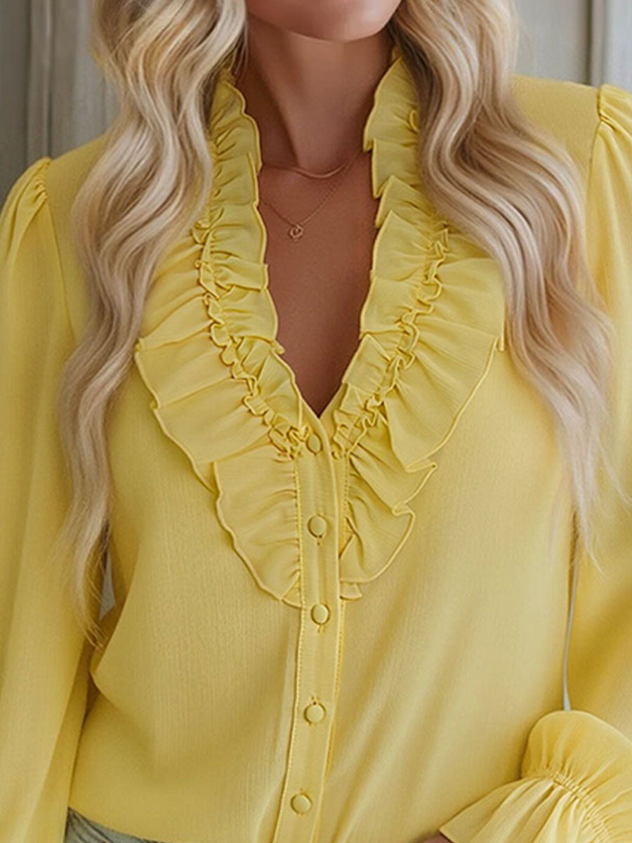 V-neck Chiffon Single-breasted Long-sleeved Shirt