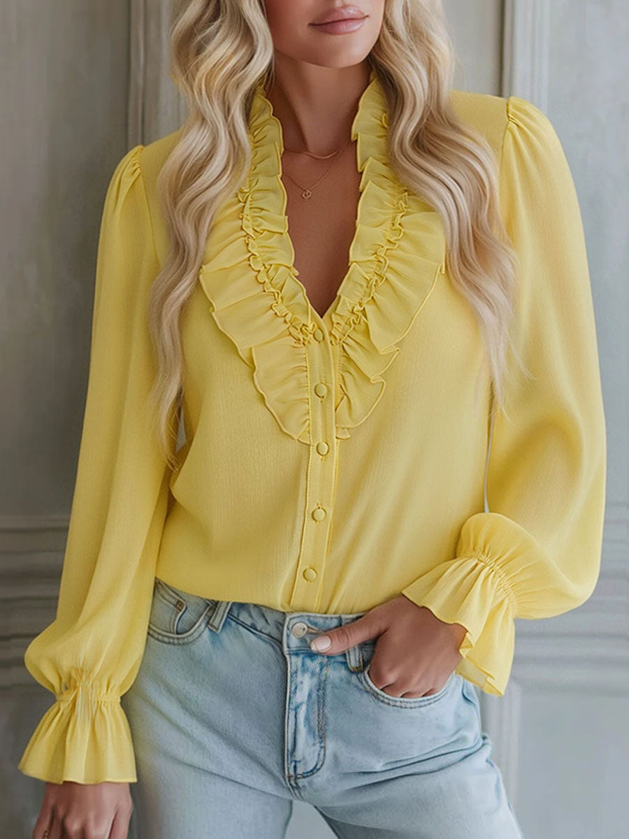 V-neck Chiffon Single-breasted Long-sleeved Shirt