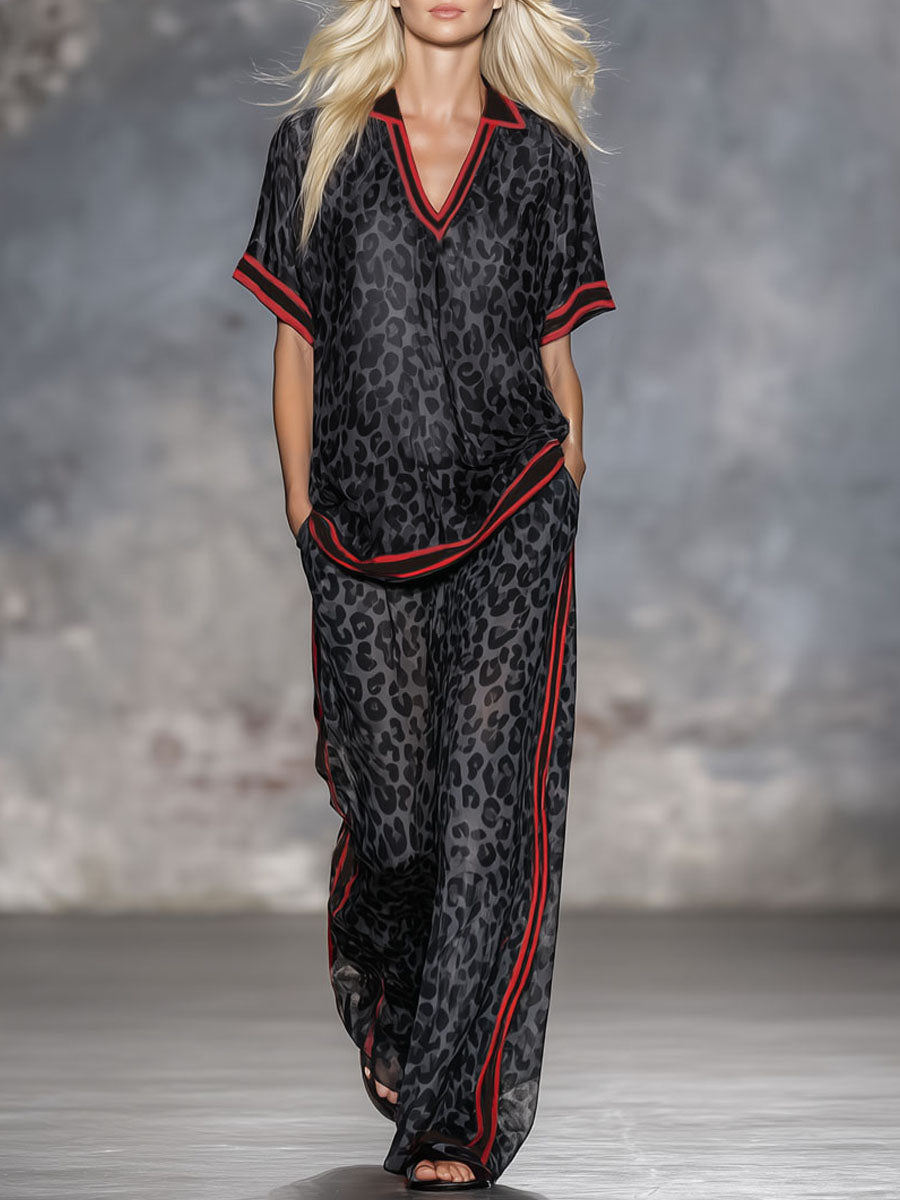 Leopard Print Chiffon Short-sleeved Top And Trousers Set