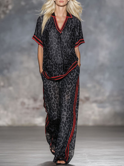 Leopard Print Chiffon Short-sleeved Top And Trousers Set