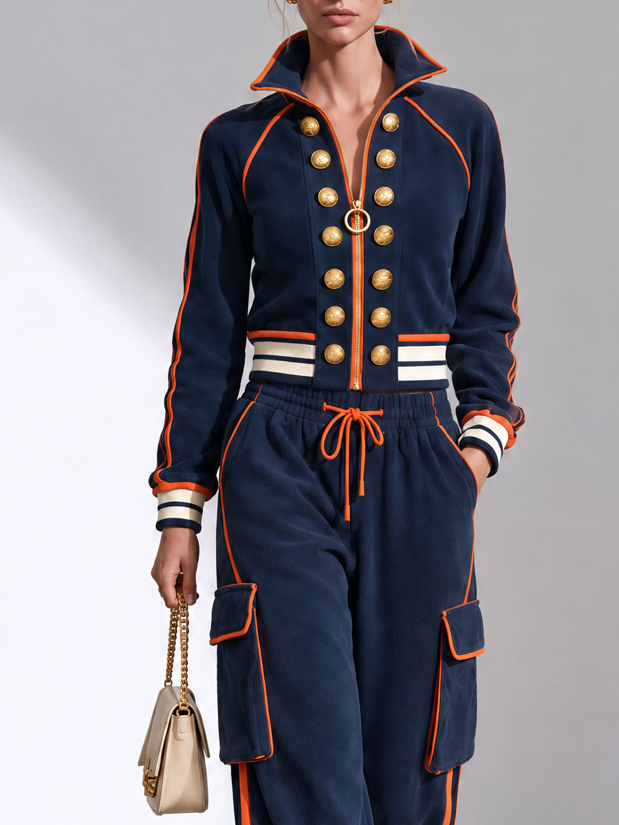 Sporty Retro Double-breasted Decorative Button-down Blue Jacket And Trousers Set