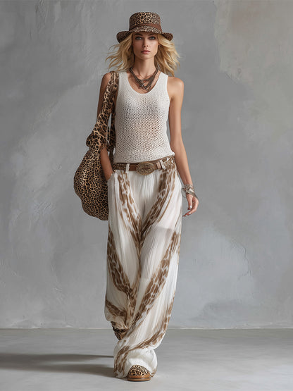 Elegant Vacation Style White Mesh Knit Tank Top Chiffon Printed Wide-leg Pants Set