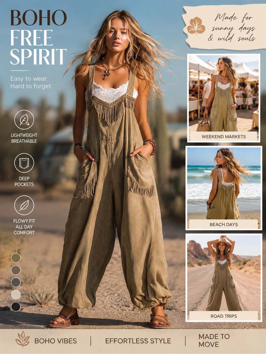 Sienna Fringe Faux Suede Boho Overalls Effortless Desert Western Statement Style