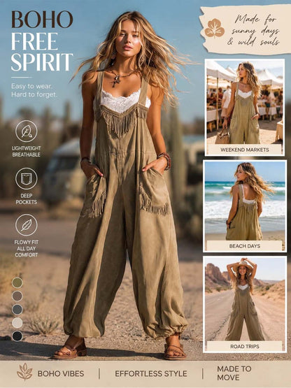 Sienna Fringe Faux Suede Boho Overalls Effortless Desert Western Statement Style