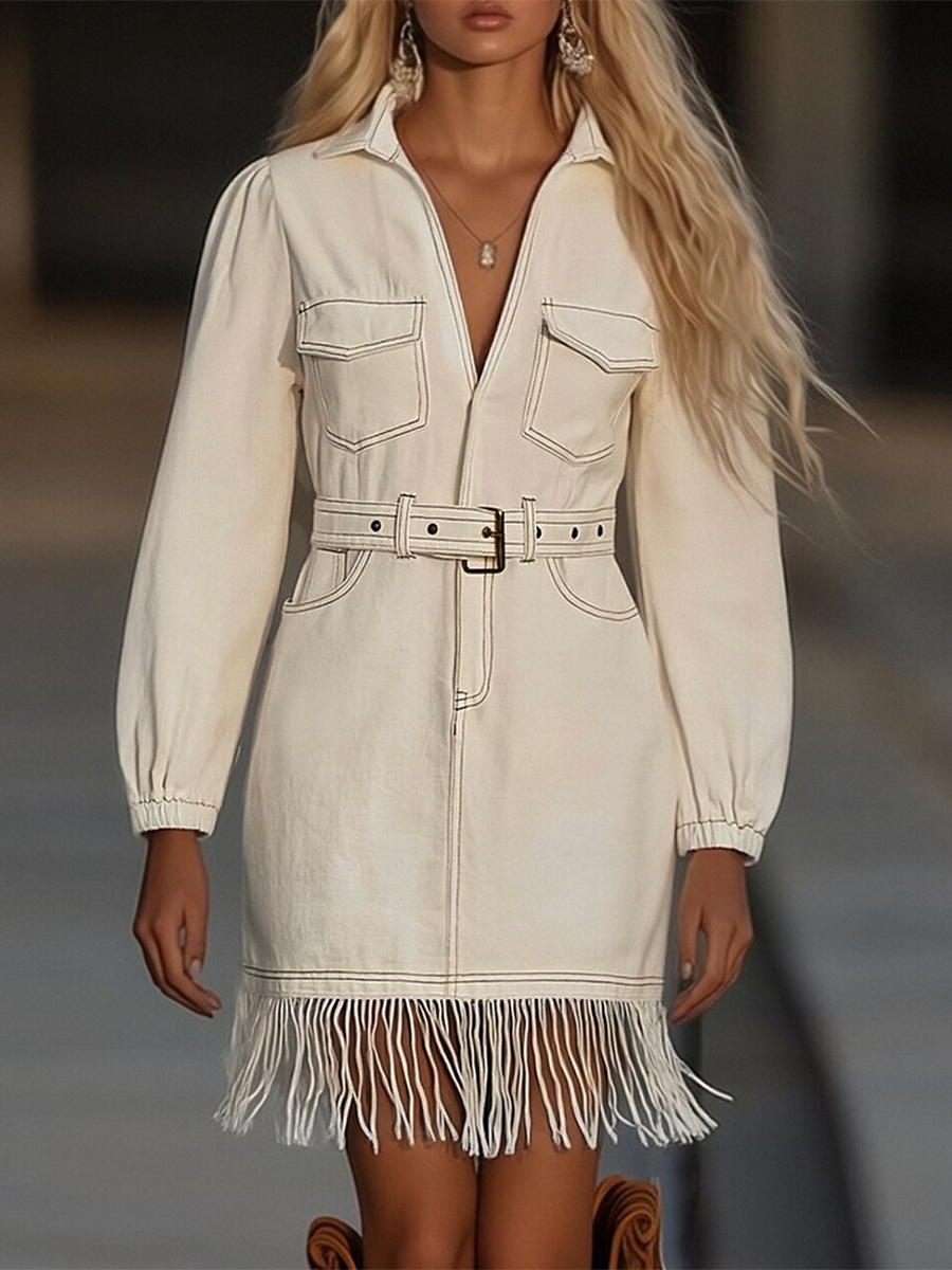 Retro High end Fashion Tassel Splicing Denim Mini Dress
