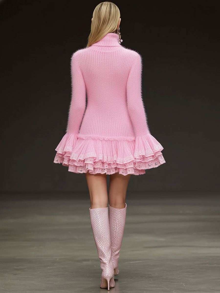 Fashionable Retro Lace Ruffle High Neck Long-haired Pink Knit Mini Dress