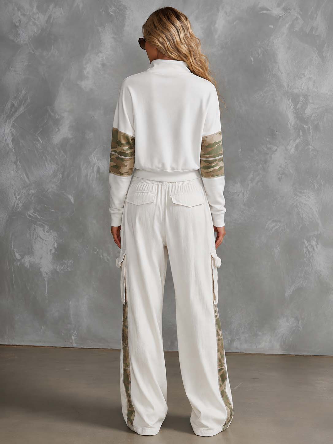 Sporty Camo Colorblock Half-Zip Sweatshirt And Cargo Wide-Leg Pants Set