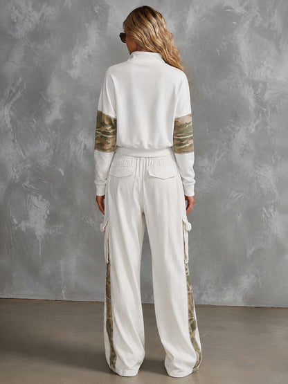 Sporty Camo Colorblock Half-Zip Sweatshirt And Cargo Wide-Leg Pants Set
