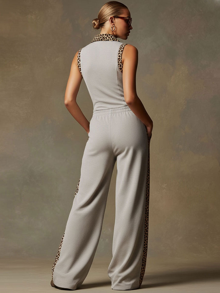 Sporty Retro Leopard Print Trim Gray Sleeveless Wide-leg Jumpsuit