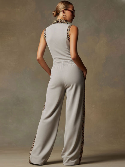 Sporty Retro Leopard Print Trim Gray Sleeveless Wide-leg Jumpsuit