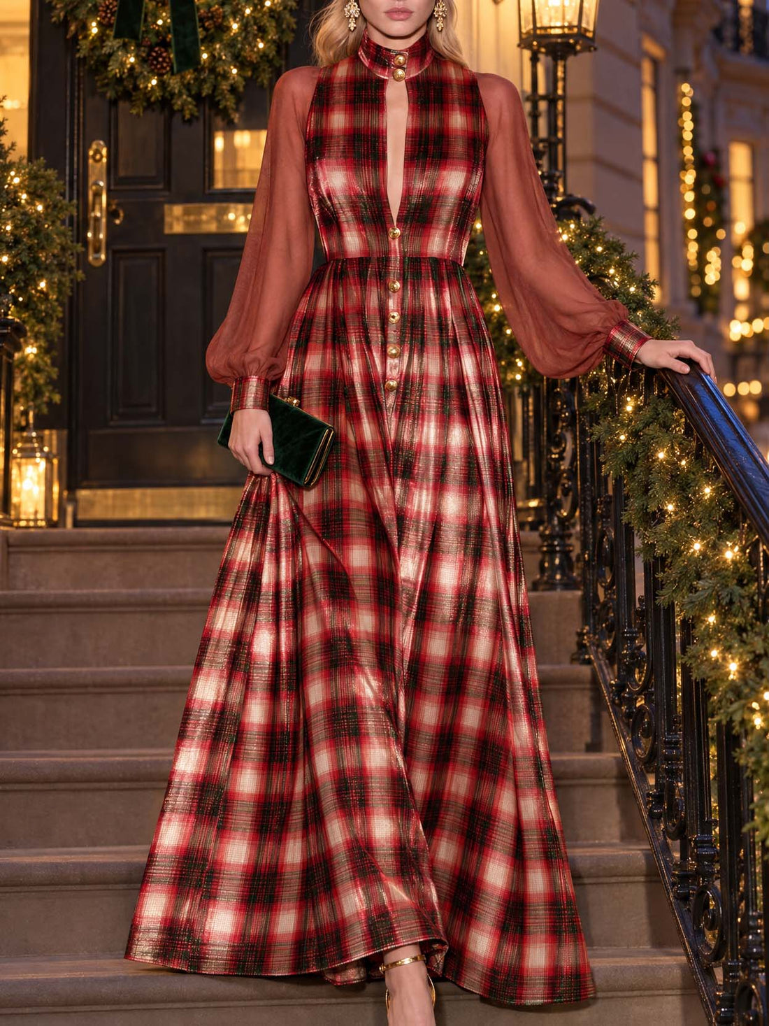 Victorian Vintage Red Plaid Velvet Maxi Dress Sheer Chiffon Sleeve Button Front