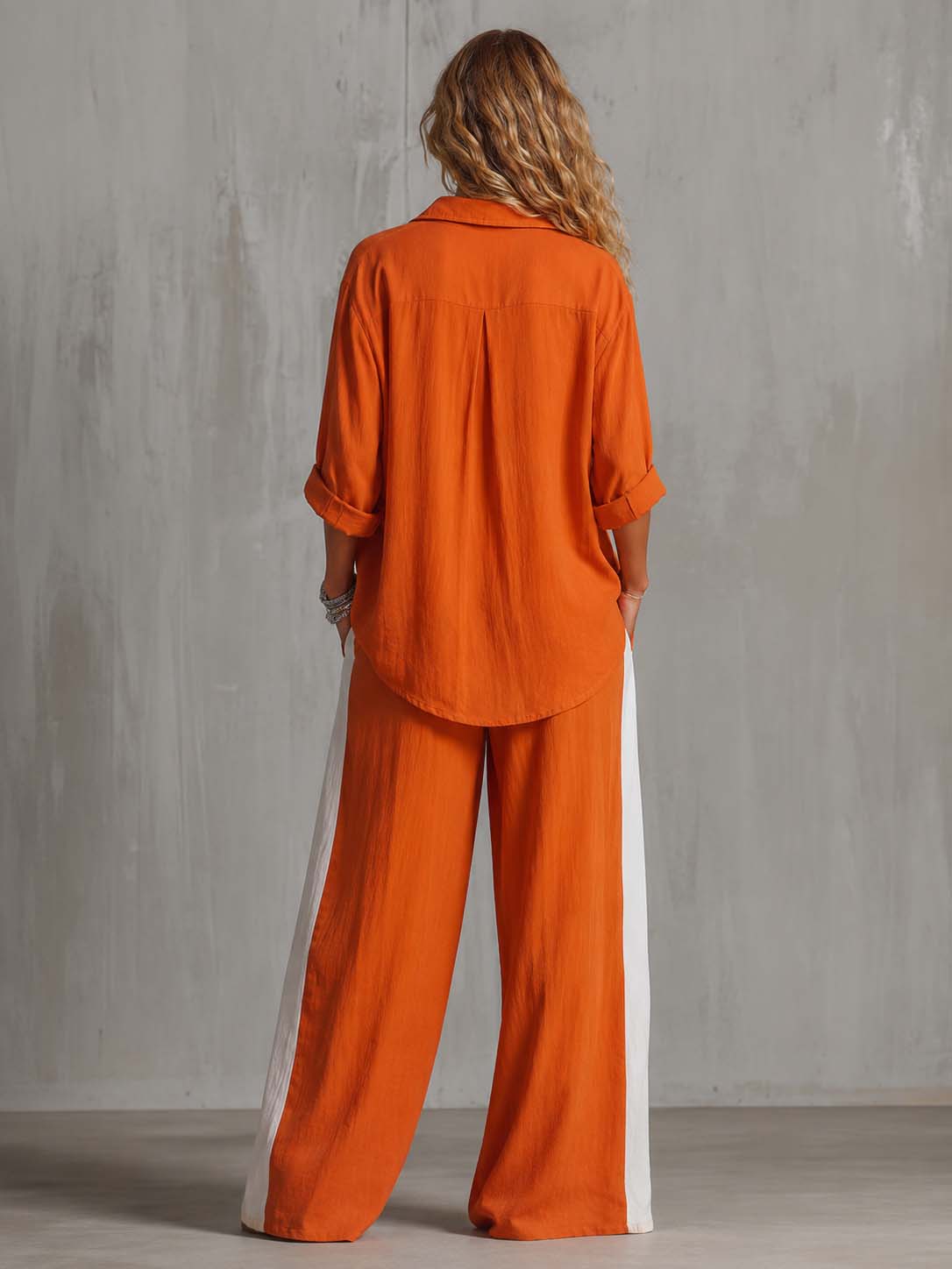 Urban Boho Orange Cotton-linen Wide-leg Pant Set