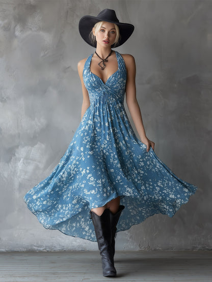 Retro Classic Floral Print Navy Blue Chiffon Sleeveless Maxi Dress