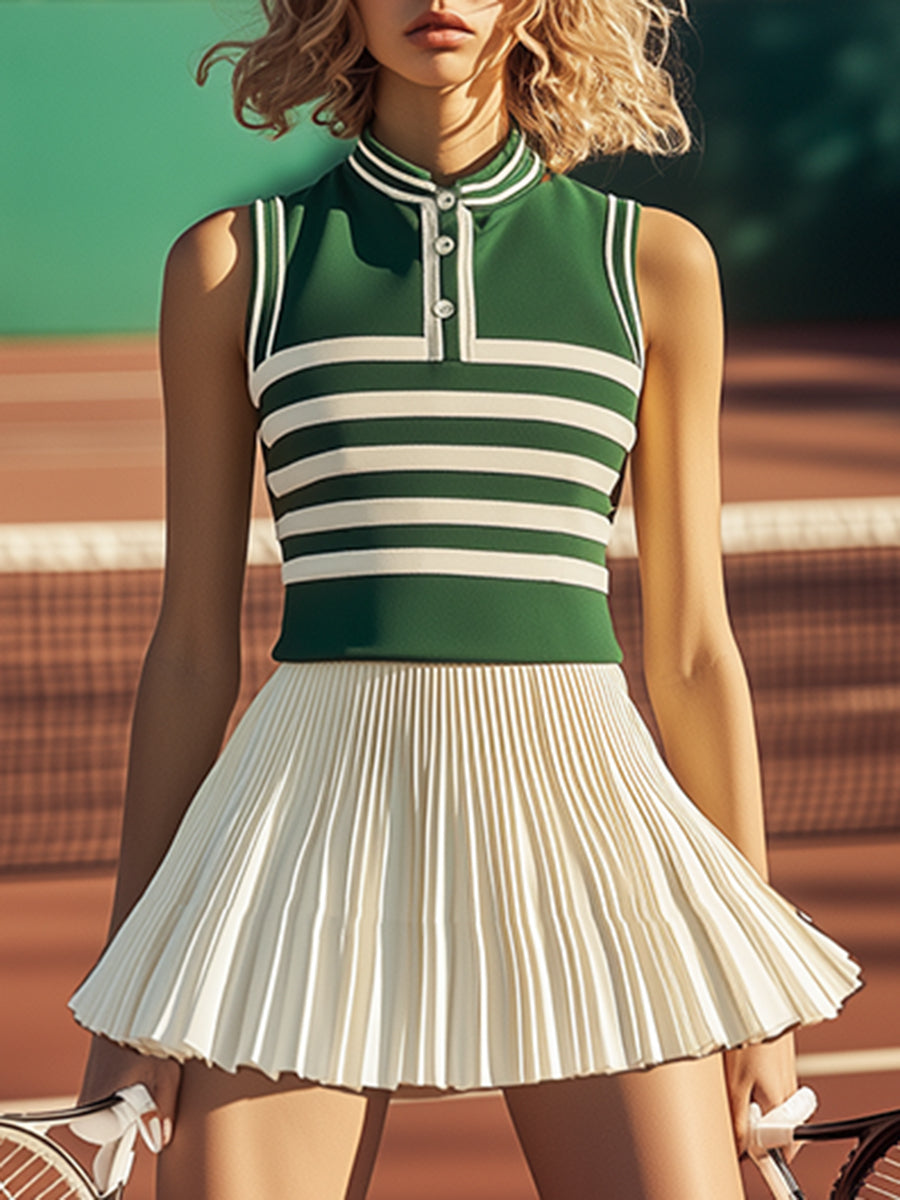 High-End Casual Sports Style Green Striped Sleeveless Two-Piece Set