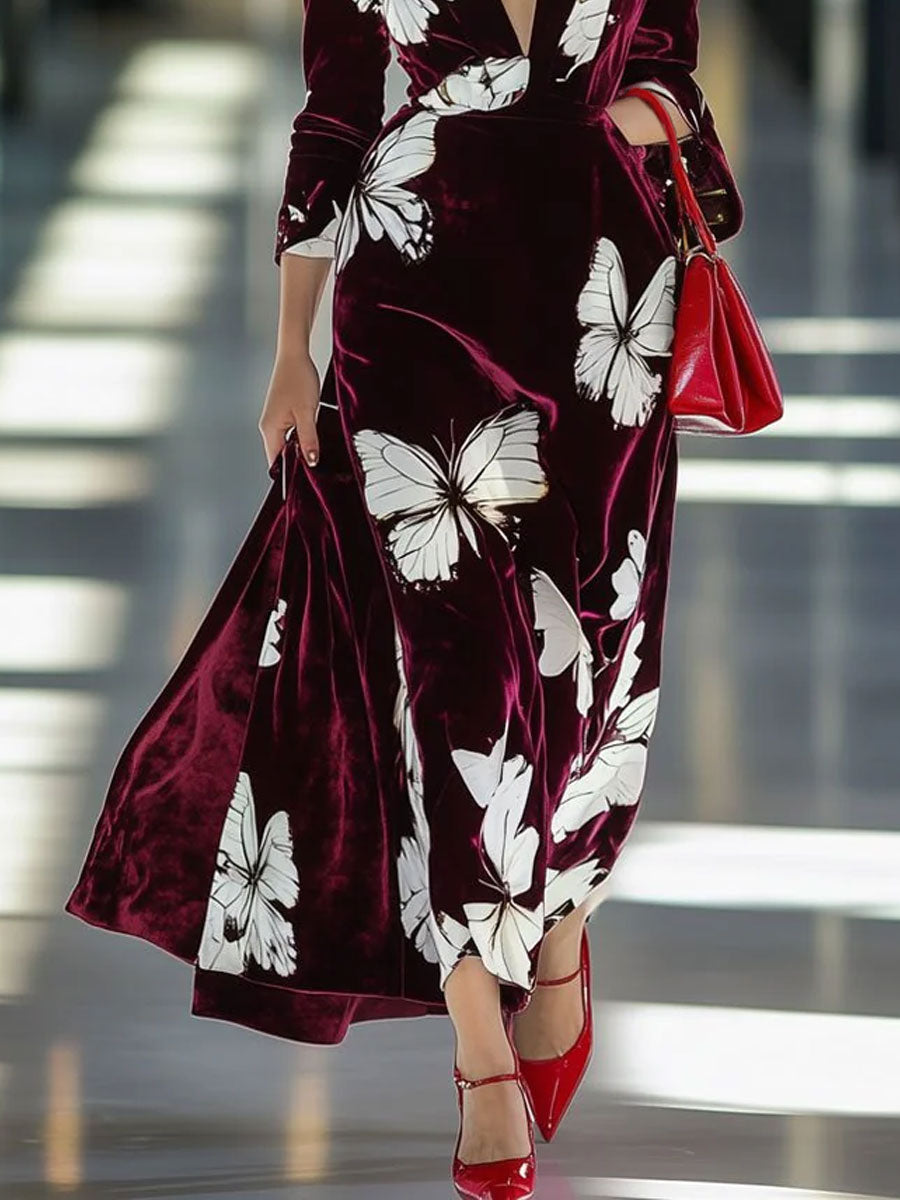 Fashion Retro Velvet Butterfly Print V-Neck Long Sleeve Slit Maxi Dress