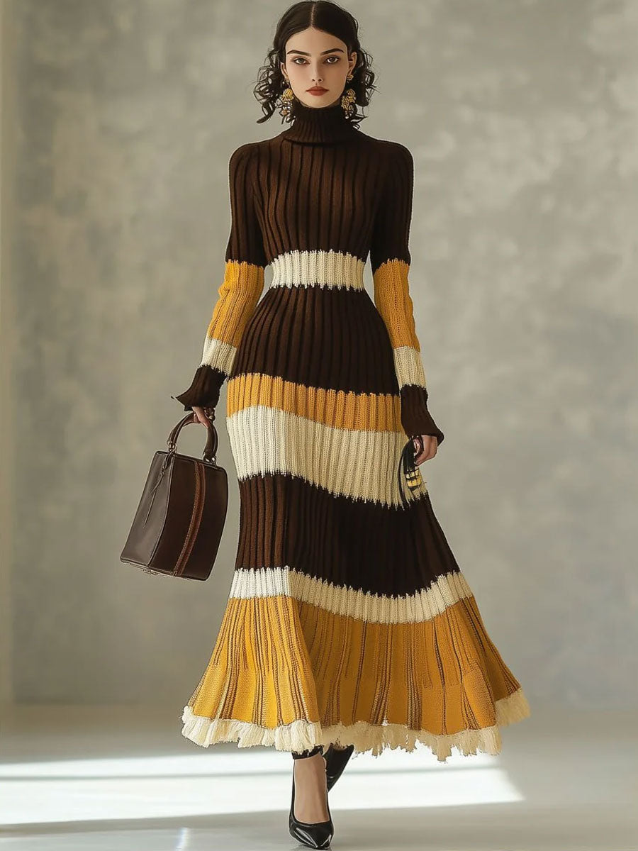 Fashion Retro Striped Knitted Turtleneck Long Sleeve Maxi Dress