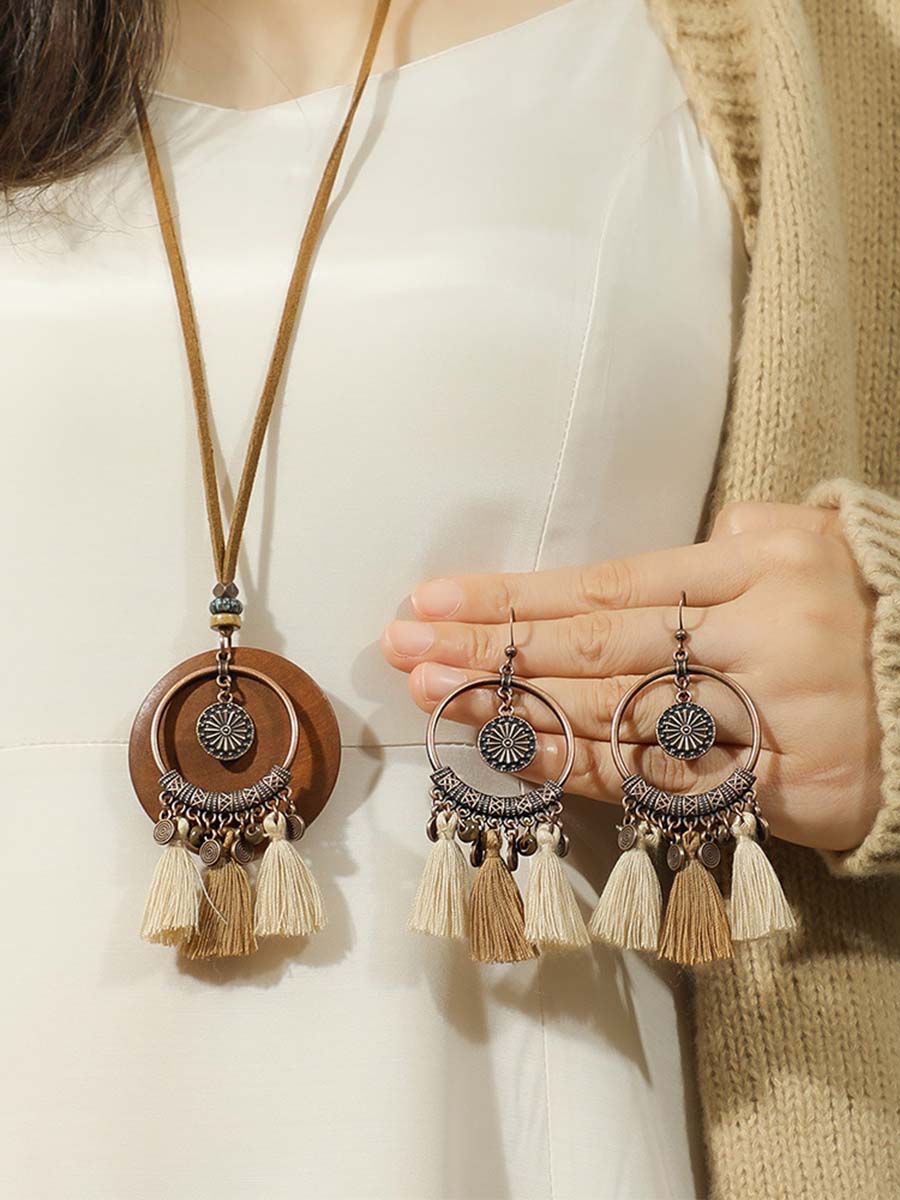 Vintage Distressed Bohemian Tassel Necklace Earrings Set