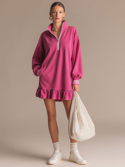 Sporty Retro Pink Cotton Half-Zip Ruffle Sweatshirt Mini Dress