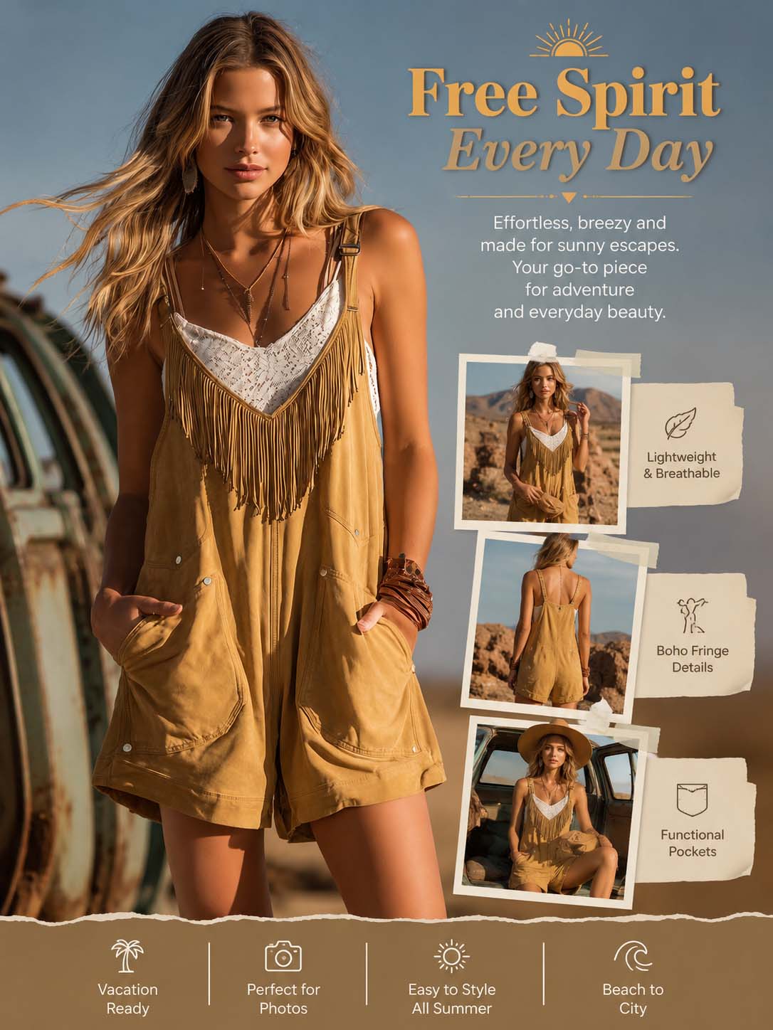Sierra Fringe Faux Suede Romper Effortless Western Boho Summer Style
