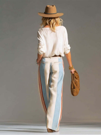Retro Casual Ivory Surplice V-Neck Top And Blue Red Striped Wide-Leg Cotton-Linen Pants Set
