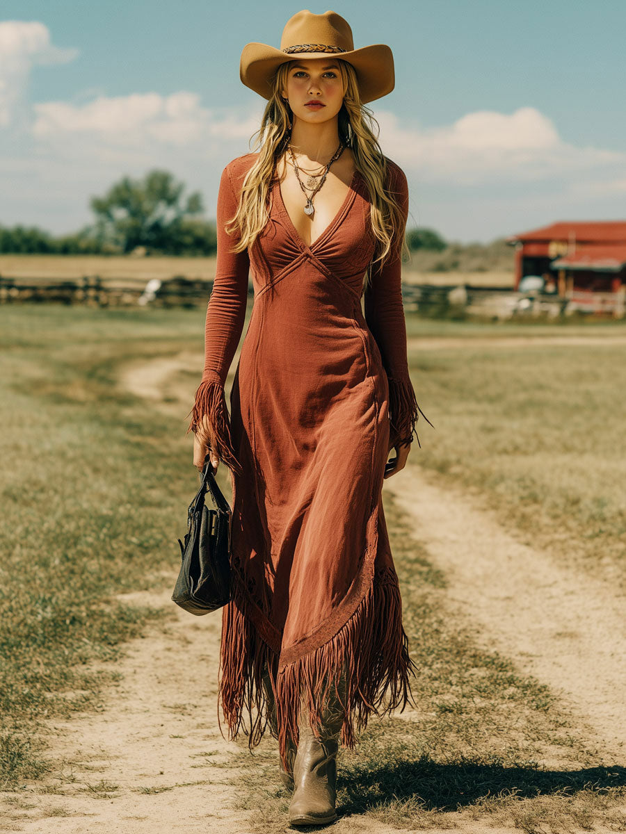 Western Retro Brick Red Cotton Long Sleeve Tassel Maxi Dress
