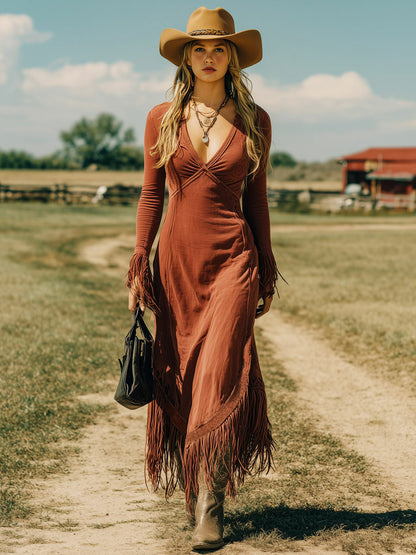 Western Retro Brick Red Cotton Long Sleeve Tassel Maxi Dress