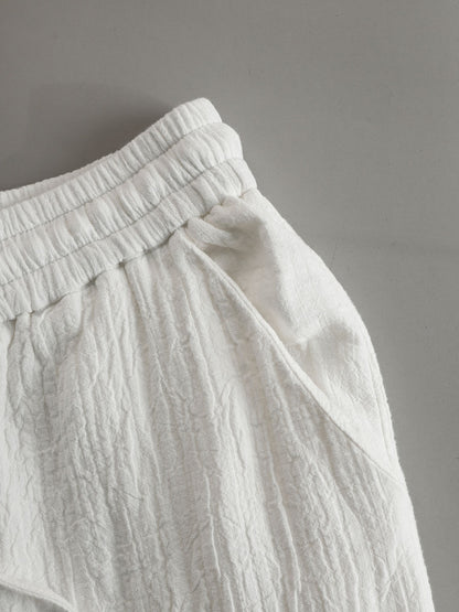 Vacation Retro White Cotton Linen Short-Sleeve Hooded Top And Balloon Pants Set