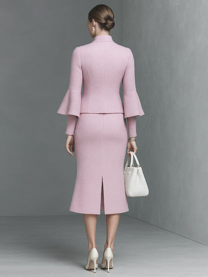 Elegant Neckline Bow Tie Trumpet Sleeve Jacket Skirt Tweed Set