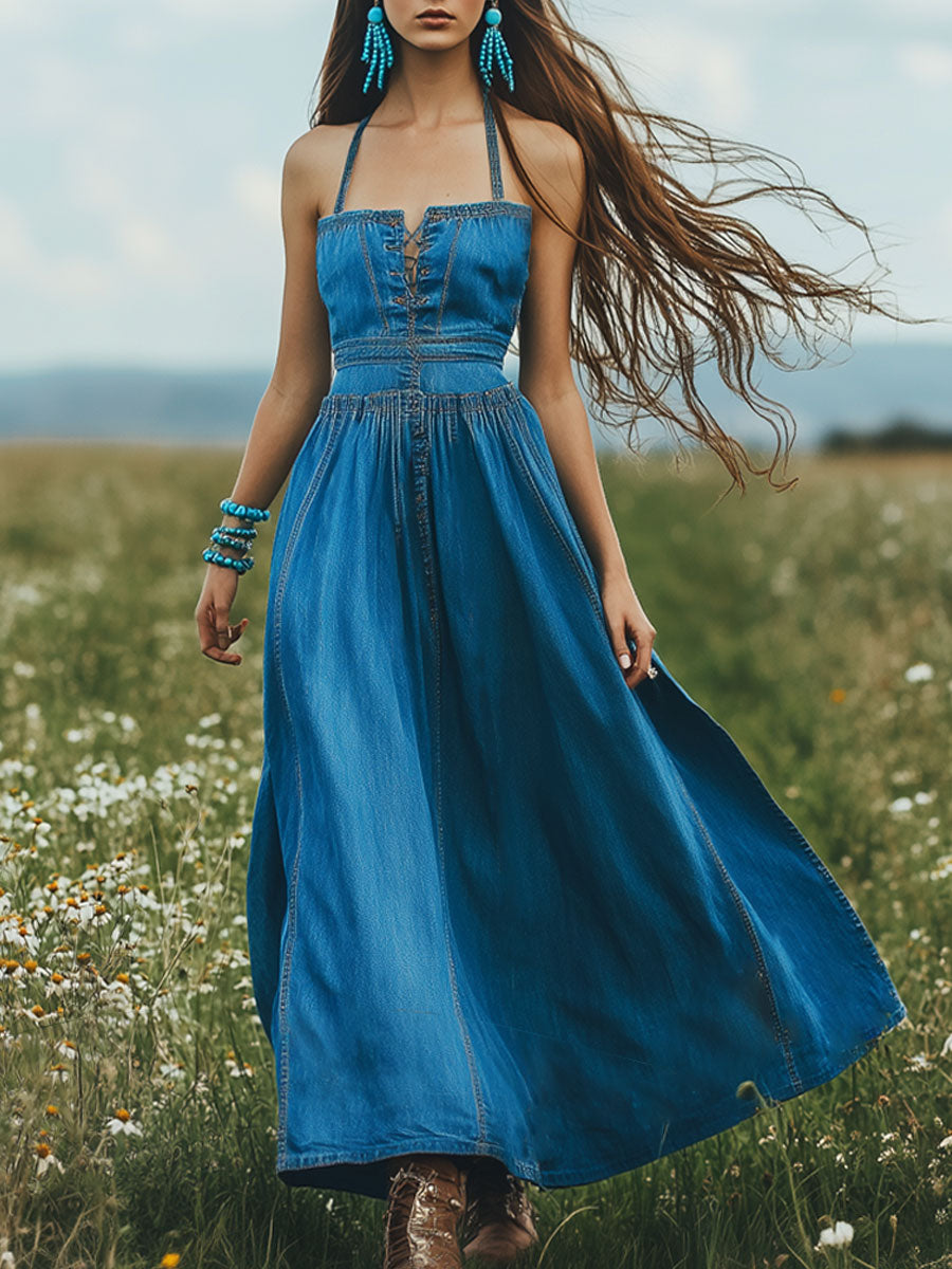 Fashion Retro Square Neck Tie Sleeveless A-Line Denim Maxi Dress