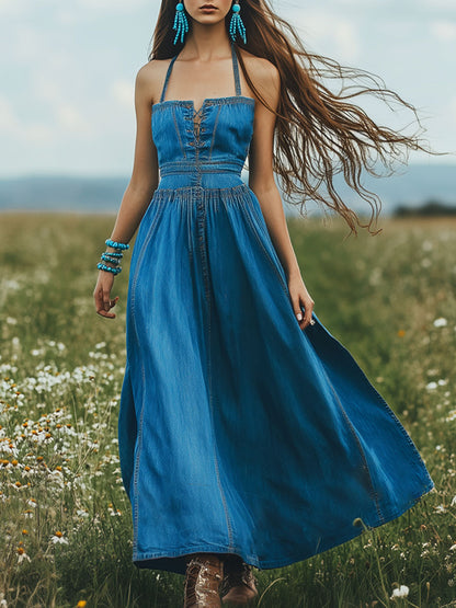 Fashion Retro Square Neck Tie Sleeveless A-Line Denim Maxi Dress