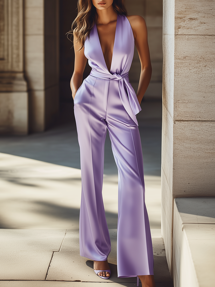 Fashion Satin Sleeveless V-Neck Jumpsuit