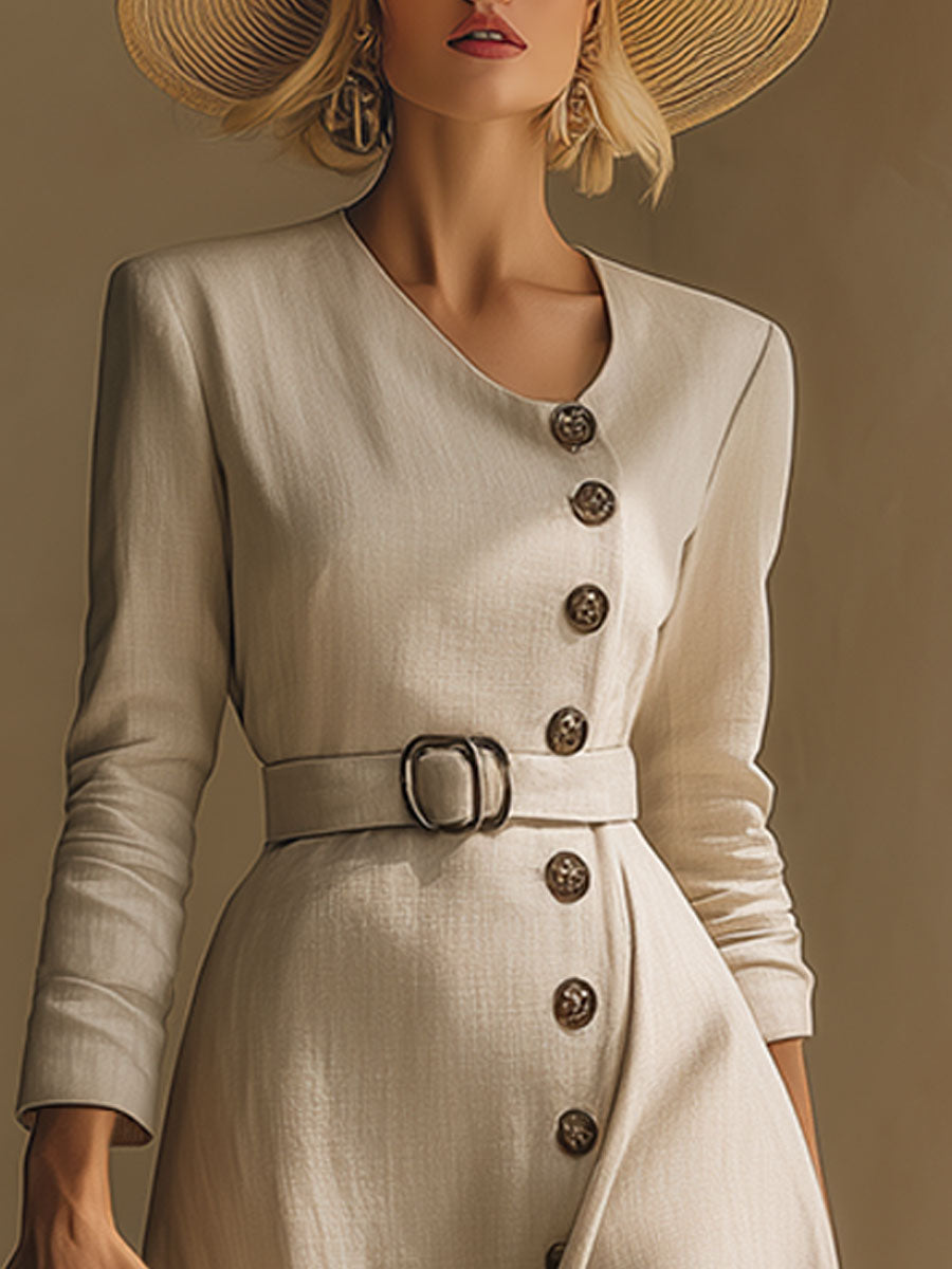 Stylish And Casual Button-down White Cotton And Linen Blend Midi Dress
