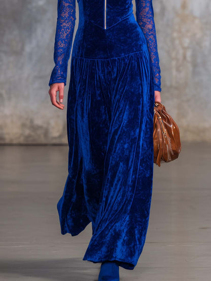 Elegant Retro V-neck Front Zipper Lace Long-sleeved Royal Blue Velvet Maxi Dress